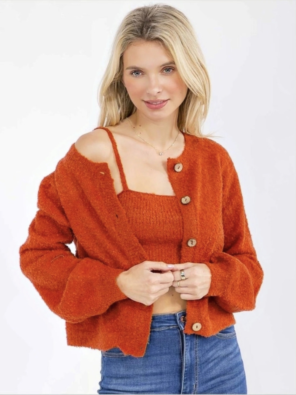 NWTs -Kye Mi Button-Up Cardigan and Tank Set in Orange Size Small ****